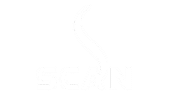 Fond blanc avec un S stylisé et ondulé au-dessus du mot SCAN en lettres majuscules et grasses. La forme et le texte sont gris clair, ce qui donne un aspect minimaliste et moderne.