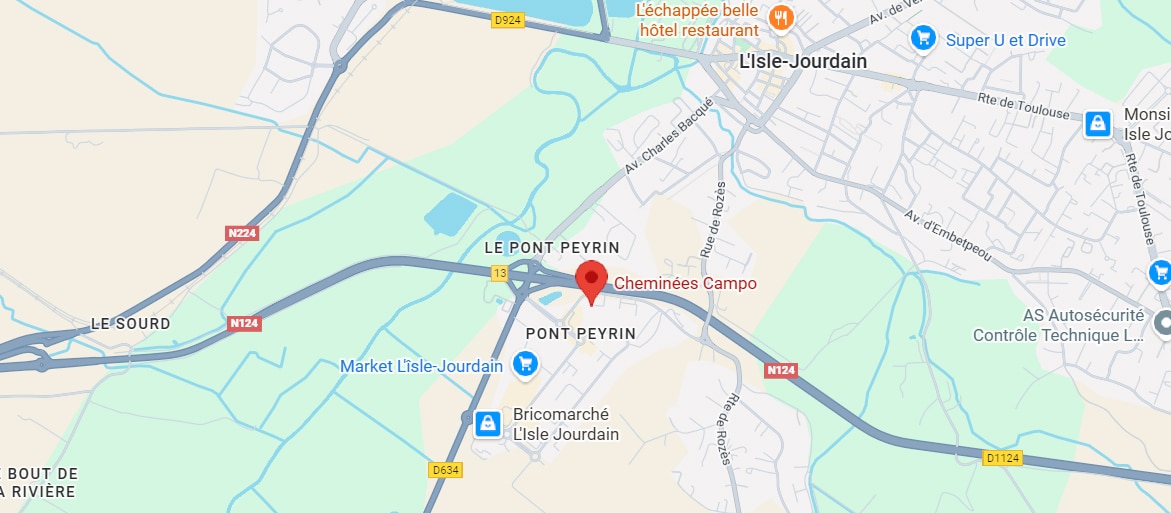 Carte montrant la région autour du Pont Peyrin à LIsle-Jourdain, France, avec les routes, les points de repère comme les Cheminées Campo, le Marché Lisle-Jourdain, et le Bricomarché Lisle-Jourdain, et les rivières et autoroutes à proximité.