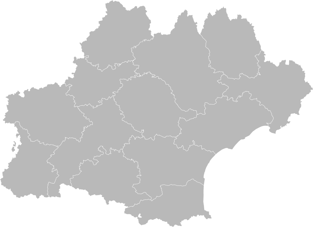 Carte de la région Occitanie grise sur fond transparent