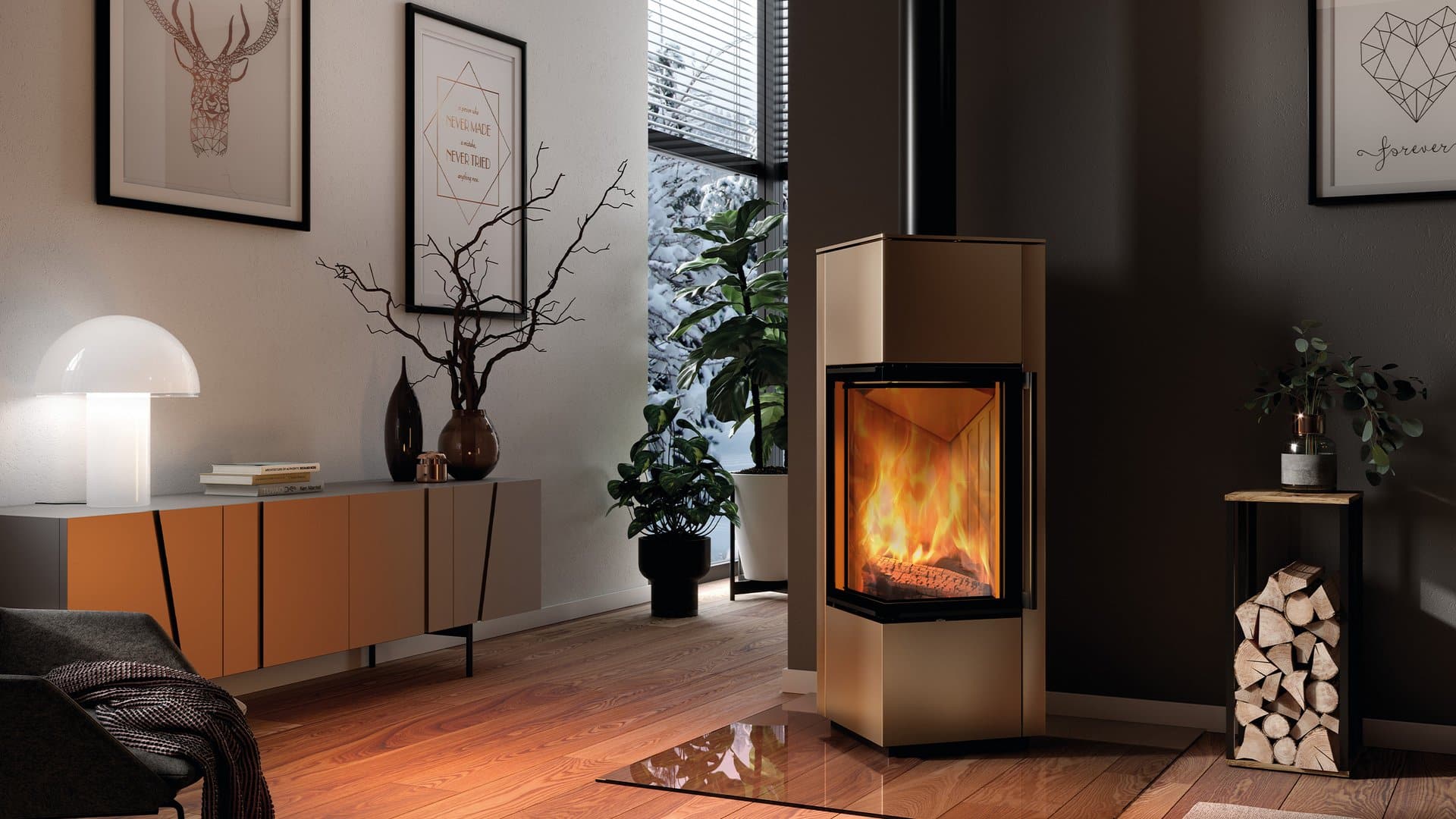 poêle à bois spartherm piko s perle avec une vitre panoramique en angle