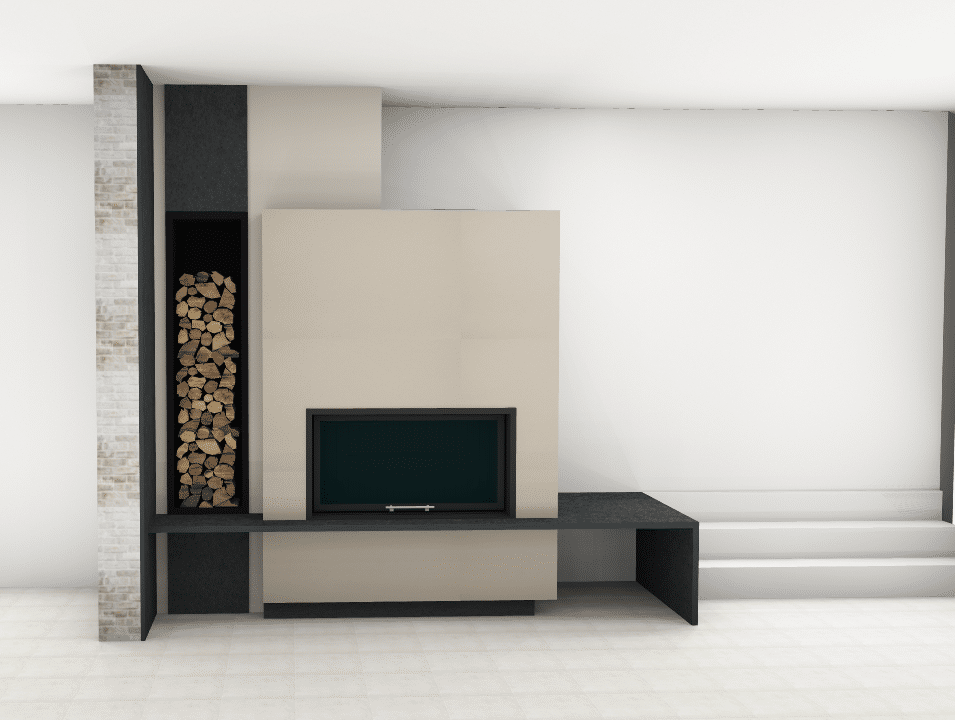 Une cheminée moderne au design beige et noir comprend une réserve de bois encastrée remplie de bûches sur la gauche, un foyer plat et deux marches menant vers le haut sur la droite, le tout contre un mur blanc uni.
